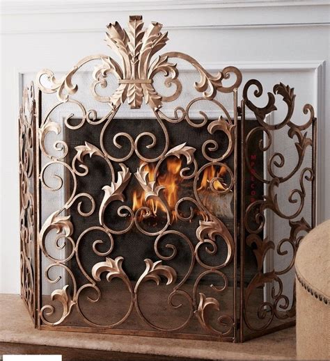 Art Nouveau Style Decorative Fireplace Screen Metal Mesh Tri Fold 3