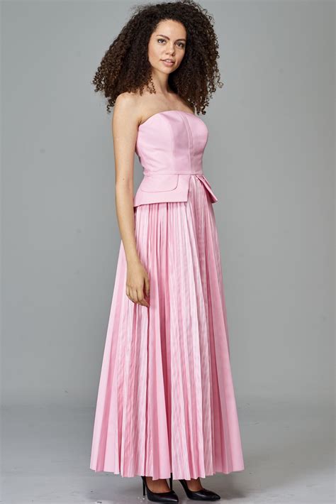 Striped And Plain Taffeta Pleated Gown Strapless Dress Formal