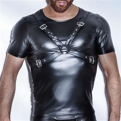 Aiiou Sexy Erotic Mens T Shirt Patent Faux Leather Undershirts Black