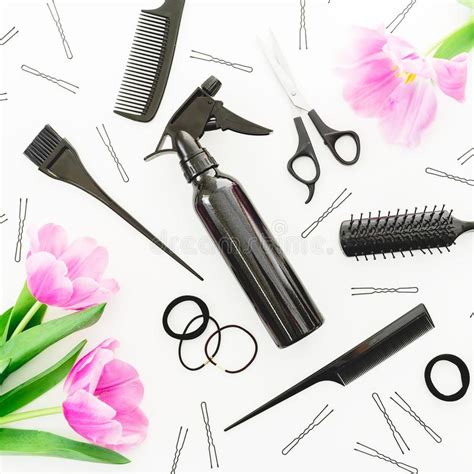 Hairdresser Concept With Spray Scissors Combs And Roses Flowers On
