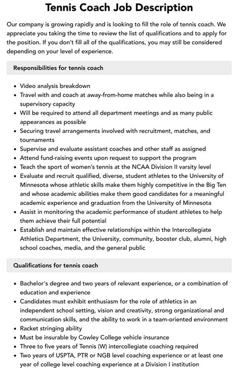 Tennis Coach Job Description Velvet Jobs