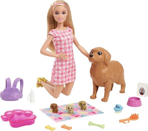Barbie Doll And Newborn Pups Playset With Mom Dog 3 Color Change Puppies