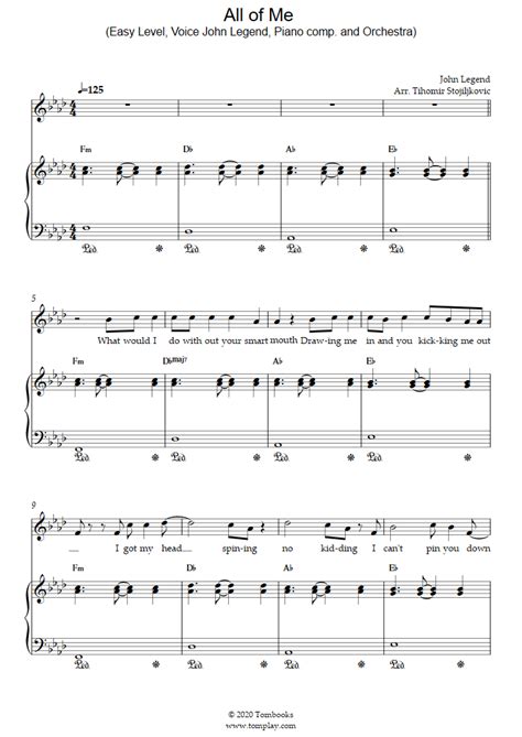 Piano Sheet Music All Of Me Easy Level Voice John Legend Piano Comp