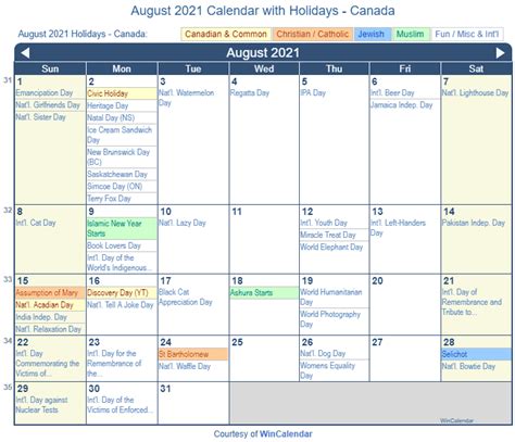 Print Friendly August 2021 Canada Calendar For Printing