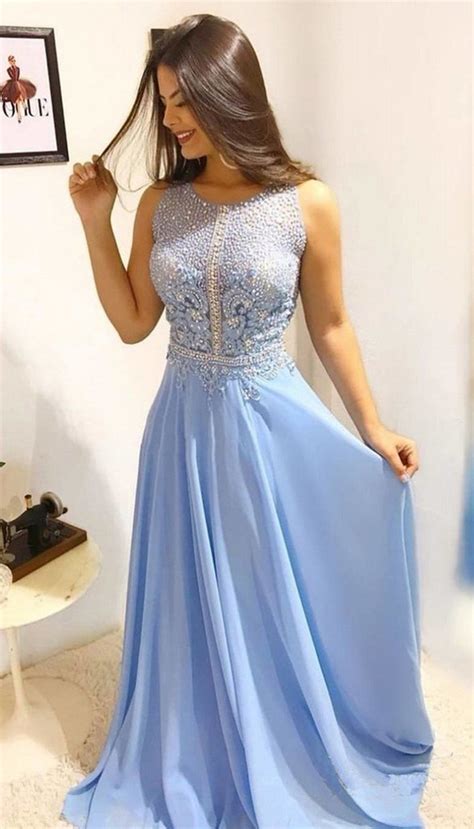 Unique Sky Blue Chiffon Beaded Long A Line Prom Dress Evening Dress