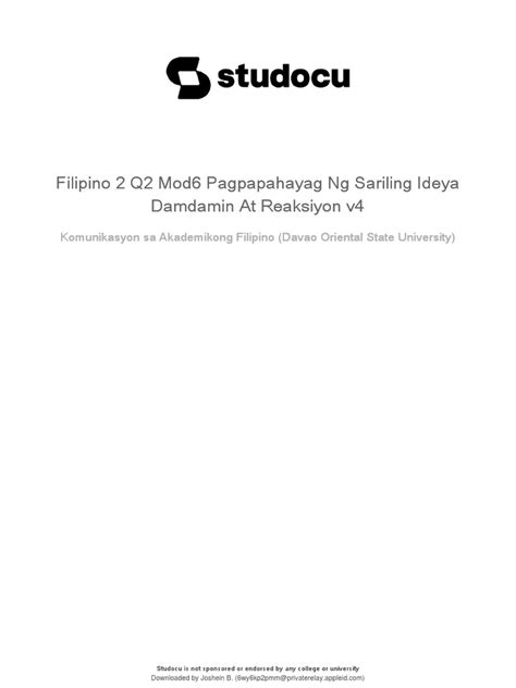 Filipino 2 Q2 Mod6 Pagpapahayag Ng Sariling Ideya Damdamin At Reaksiyon