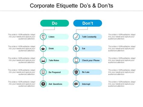 Corporate Etiquette Dos And Donts Ppt PowerPoint Presentation Infographics Clipart PowerPoint