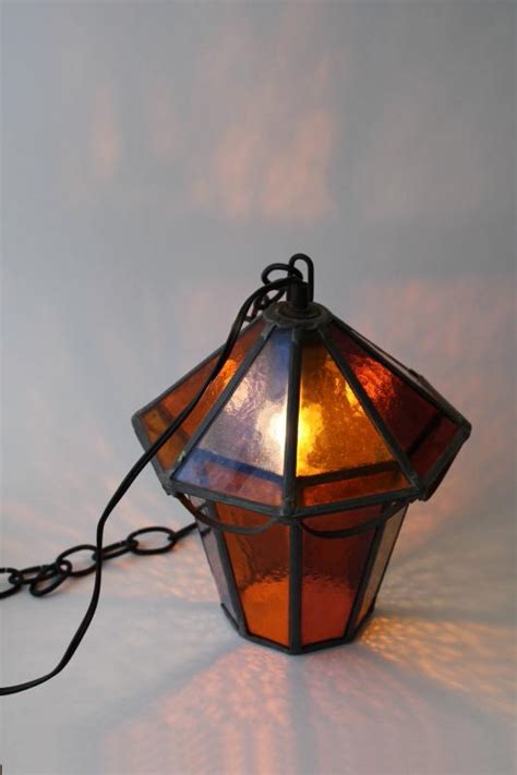 Vintage Leaded Stained Amber Glass Lantern Hanging Light Pendant Or