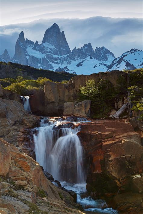 Monte Fitz Roy And Waterfall Waterfall Los Glaciares National Park