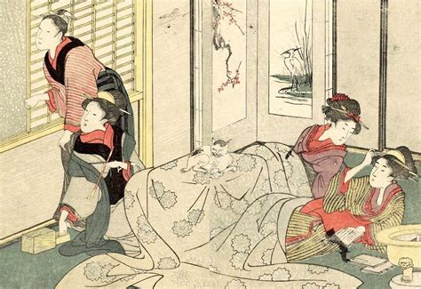 コタツの周りに集まる江戸時代の女性たち（『絵本四季花 下』喜多川歌麿 画）の拡大画像 history guide