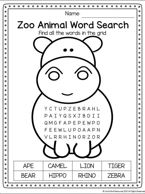 Zoo Animal Word Search | Animal word search, Zoo animals, Zoo activities