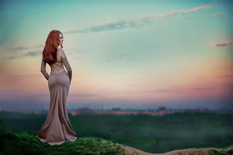 Wallpaper Sunlight Women Outdoors Redhead Model Sunset Looking