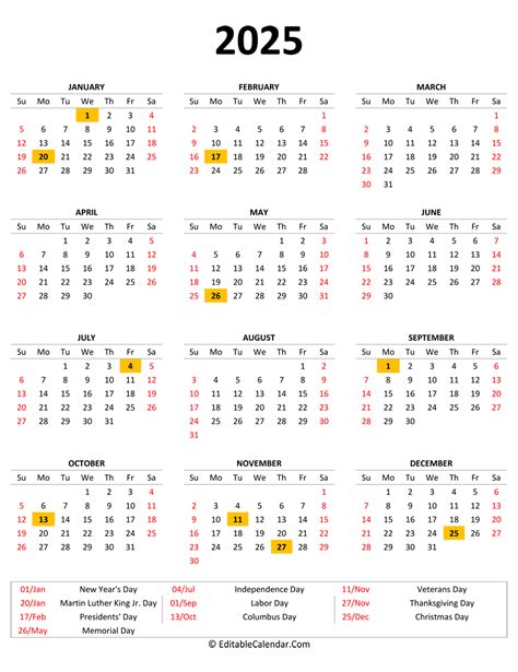2025 Calendar Holidays Us