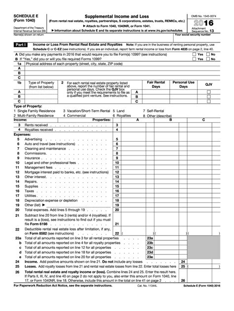 2016 Form Irs 1040 Schedule E Fill Online Printable Fillable Blank