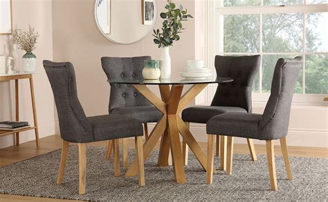 Hatton Round Oak And Glass Dining Table With 4 Bewley Slate Fabric Chairs Furniture Choice
