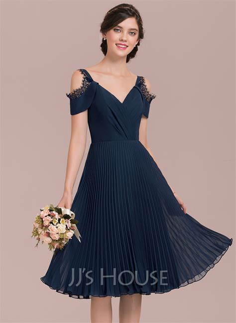 A Line V Neck Knee Length Chiffon Bridesmaid Dress With Lace Pleated