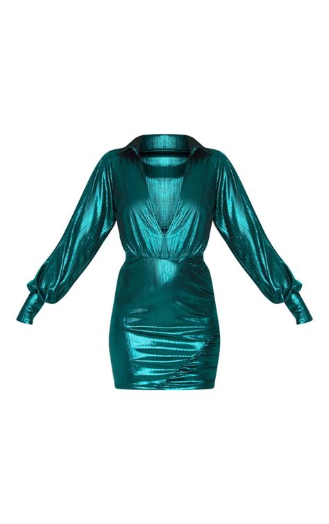 Green Metallic Ruched Deep Plunge Bodycon Dress Prettylittlething