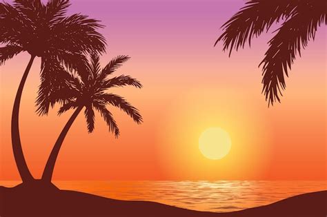 Premium Vector Tropical Sunset Vector Illustration With Palm Tree