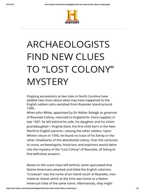 Archaeologists Find New Clues To Lost Colony Mystery Pdf Roanoke