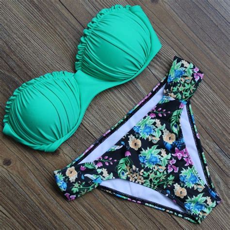 Green Push Up Vintage Padded Top Bandeau Bikini Cn Bikinis Store Bikinis Bathing Suits