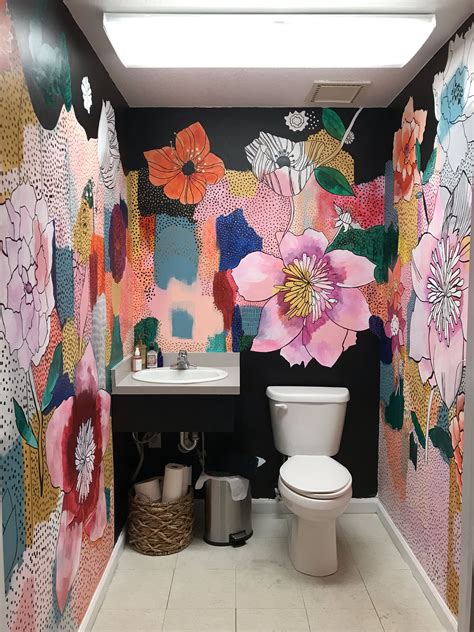 Floral Hand Painted Mural In A Bathroom By Artist Jill Block Bathroom