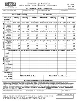 Free time card calculator calculates your daily hours and lunch breaks on a convenient weekly online timesheet. Fillable Online PCA Time Card PDF - Alliance Health Care Fax Email Print - PDFfiller