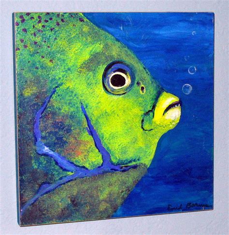Original Acrylic Semicircle Angel Fish Painting With Bubbles Etsy