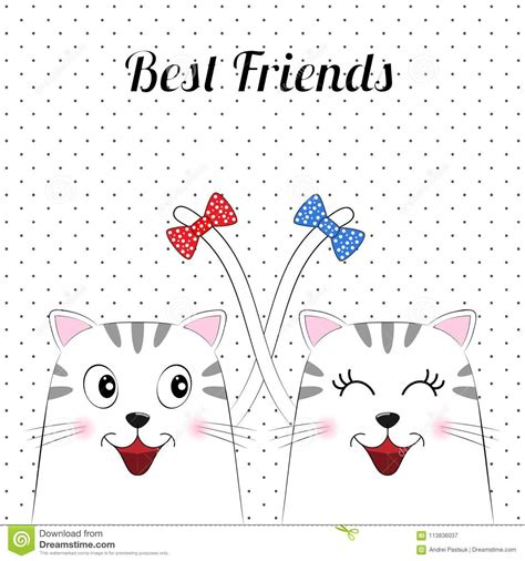 Two Cartoon Cute Cats With Lettering Best Friends Stock