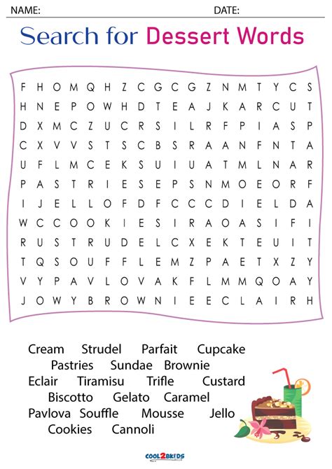 Printable Desserts Word Search Cool2bkids