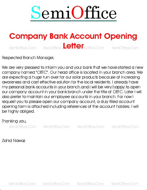 Company Bank Account Opening Request Letter