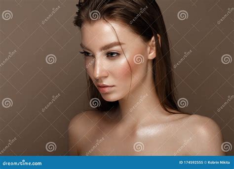Beautiful Young Girl With Natural Nude Make Up Beauty Face Stock Image