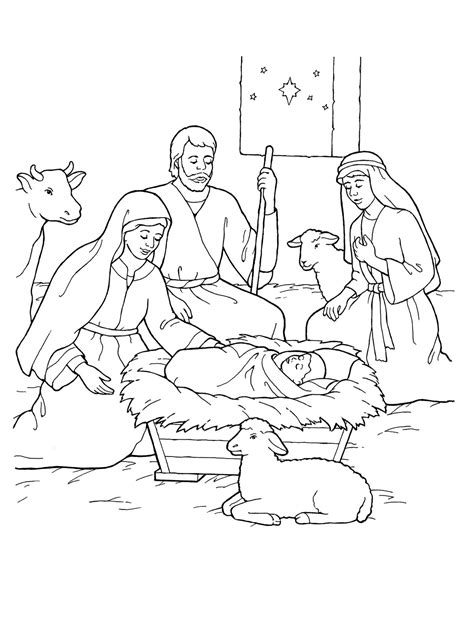 A Line Drawing Of The Nativity Showing Mary Joseph Jesus And The
