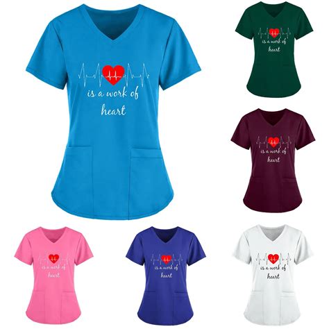 Nurse Uniform Women Heart Print Short Sleeve Carer Nursing Workwear
