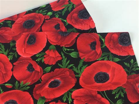 Red Large Poppy Allover Black Fabric Wild Poppy Collection Etsy