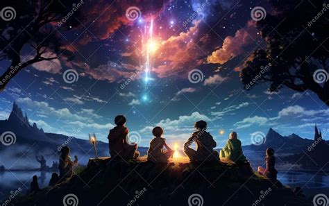 A Fantasy Anime Scene With Characters Sitting Around A Campfire Under