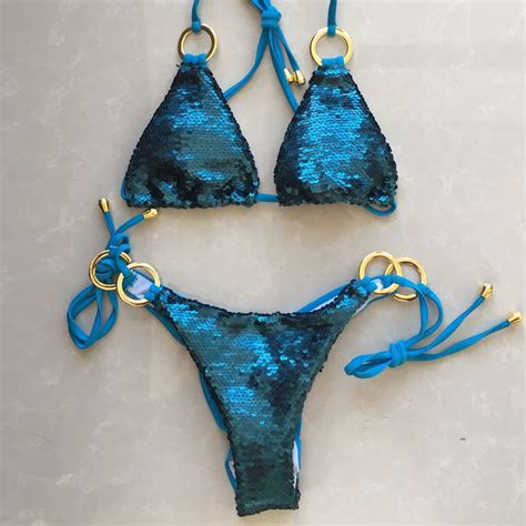 Sexy Sequin Metallic Ring Decor Halter Bikini Set W T I Design