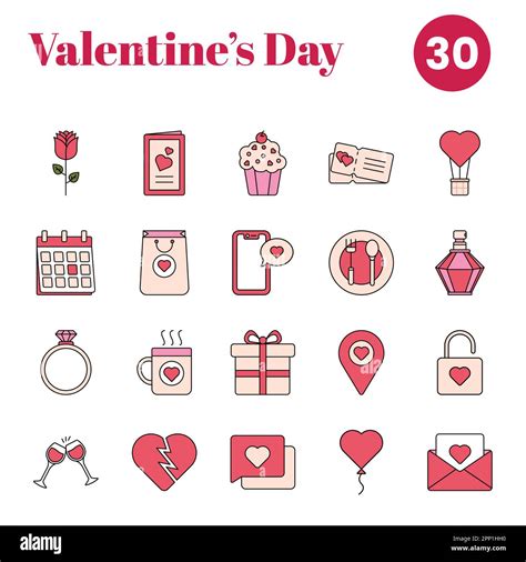 30 Valentine's Day Celebration Icon Set In Flat Style Stock Vector
