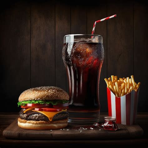 Premium Photo Burger With Coke And Fries Isolated On Wooden Table