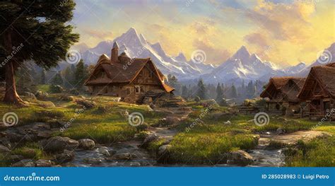 Farmhouses Nestled On A Lush Greenfield, Surrounded By A Picturesque