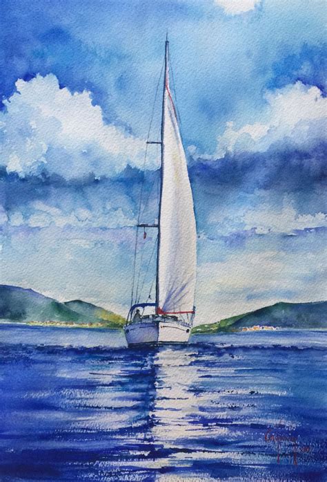 Verano Sailboat Painting Watercolor Landscape Paintings Sailing Art