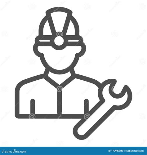 Fuel Engineer Line Icon Oil Miner Man Construction Worker In Helmet