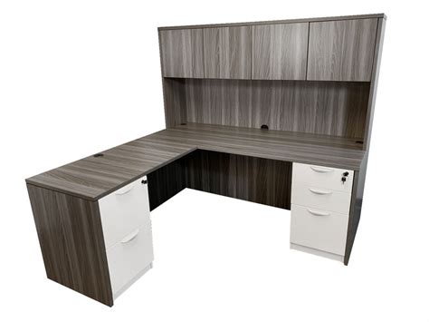 Modern L Shape Desk Hutch Drawers Gray Woodgrain White Express Laminate Express Office