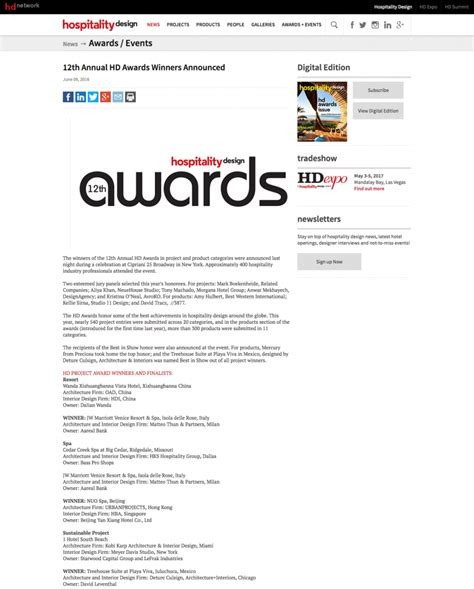 Hospitality Design 12th Annual Hd Awards Winners Announced Kkaid