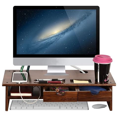 Wood Monitor Stand Ergonomic Computer Riser With Storage Organizer 2