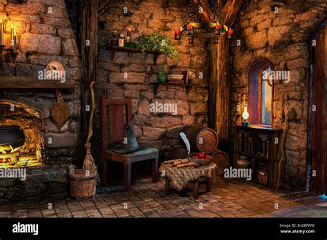 Fantasy Witch Cottage Interior 3d Illustration 3d Rendering Stock