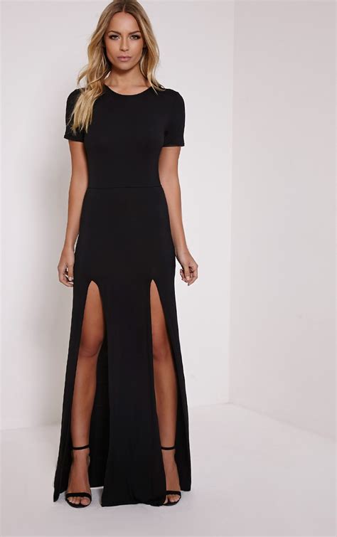 Basic Black Split Front Maxi T Shirt Dress Prettylittlething