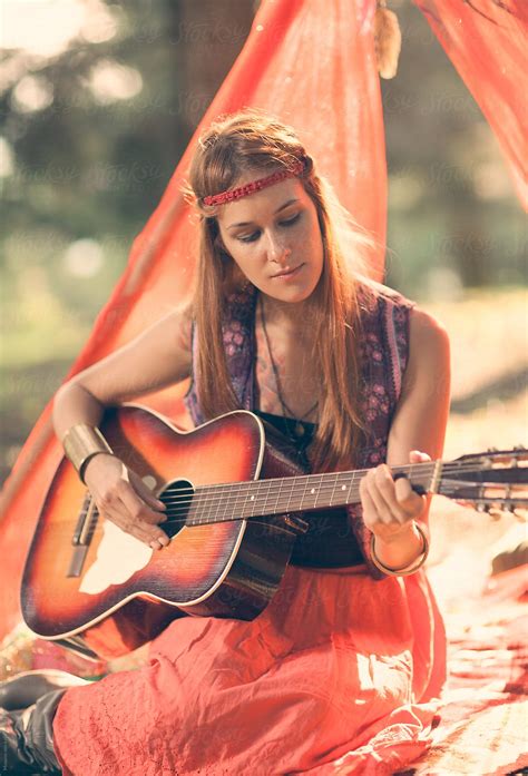 Hippie Girl Playing Guitar In Nature By Mosuno Hippie Nature