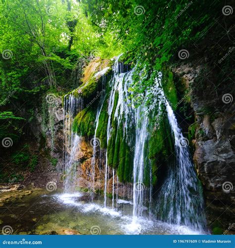 Beautiful Waterfall In The Summer Forest Stock Image Image Of Rock