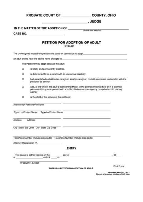 Fillable Petition For Adoption Of Adult Printable Pdf Download