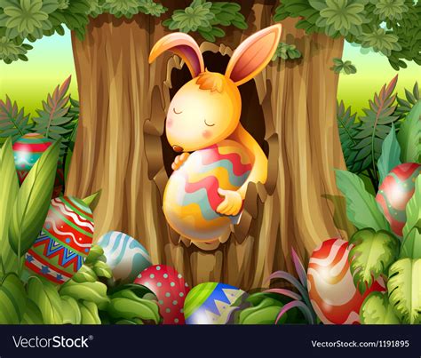 A Rabbit Inside Hole Tree Surrounded Royalty Free Vector